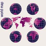 Set of purple Earth globes and world map