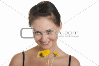 Happy woman with yellow flowers