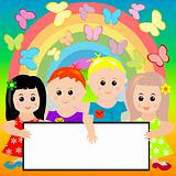 Happy kids with banner and rainbow background