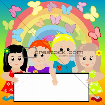 Happy kids with banner and rainbow background