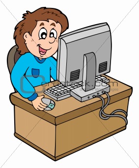 Cartoon boy working with computer