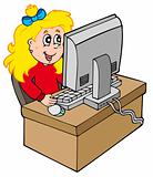 Cartoon girl working with computer