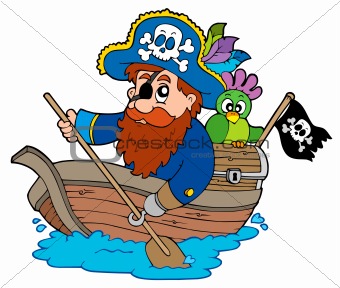 Pirate with parrot paddling in boat