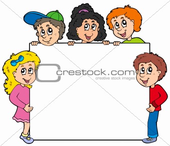 Various kids holding board