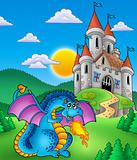 Big blue dragon with medieval castle