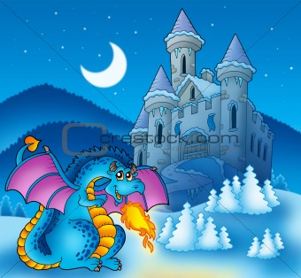Big blue dragon with winter castle