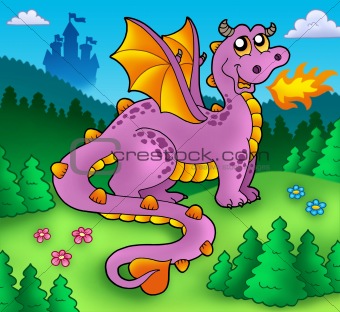 Big purple dragon with old castle