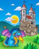 Blue dragon with castle on hill