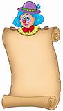 Cartoon clown holding old scroll