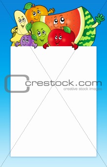 Cartoon fruits holding blank board