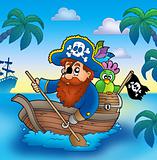 Cartoon pirate paddling in boat