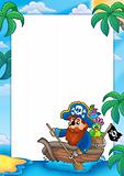 Frame with pirate paddling in boat