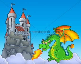 Green dragon with castle on hill