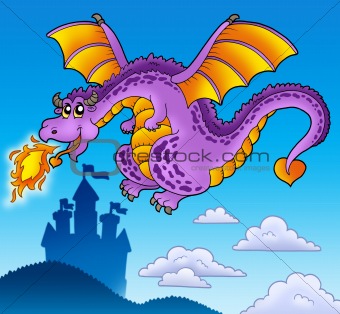 Huge flying dragon near castle