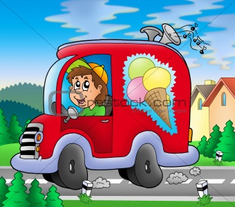 Ice cream man driving red car