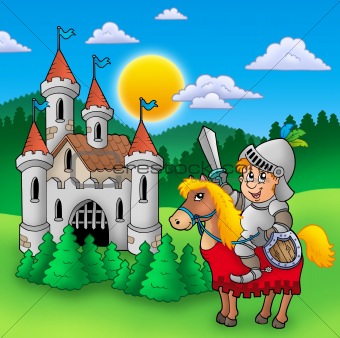 Knight on horse with old castle