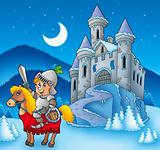 Knight on horse with winter castle
