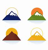 Mountain and tourist icons isolated on white (blue, yellow, green, brown)
