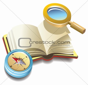 Book with compass and magnifier