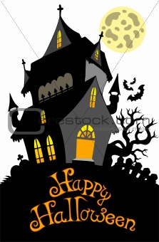 Happy Halloween sign with mansion