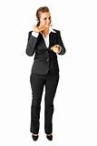 Smiling modern business  woman with headset  showing contact me gesture
