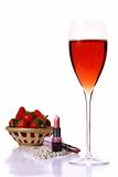 pink lipstick with red champagle glass and strawberry