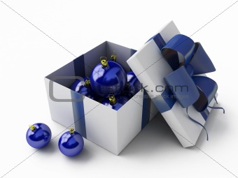 white gift box with blue fur-tree toys