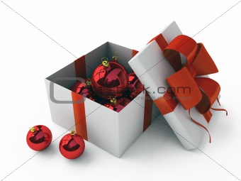 white gift box with red fur-tree toys