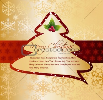 Cartoon Christmas Tree on gold card. Vector