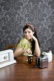 Retro woman drinking cafe on wallpaper kitchen