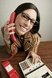 Retro secretary wide angle humor telephone woman