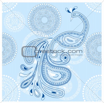 vector peacock on seamless snowflakes background