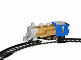 Child's toy, a locomotive on the rails, isolated on a white background 