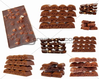 Chocolate isolated on white background. Collage 