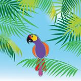Tropical vector background with leaves of palm trees and parrot