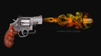 revolver with bullet on black background