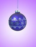 Blue christmas ball with ribbon on violet background with copy s
