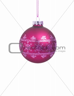 Red christmas ball with ribbon on white background with copy spa