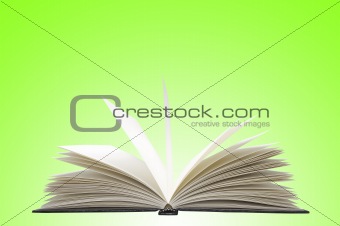 White opened book on green background