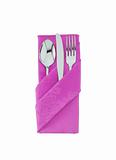 fork ,knife and spoon on pink cloth isolated on white background