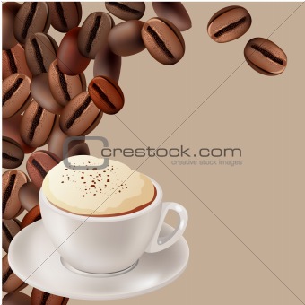 Coffee beans and cup of cappuccino