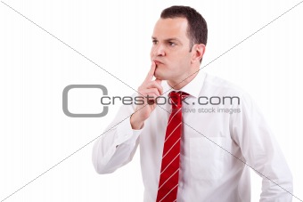 Portrait of a business man worried, isolated on white background. Studio shot.