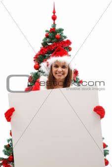 Female Santa with blank sign