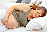 Beautiful pregnant woman sleeping  on sofa 
