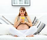 Smiling beautiful pregnant woman sitting on sofa with glass of juice  in hand

