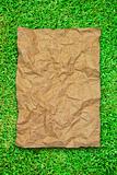 crumpled brown recycle paper on green grass field
