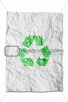 recycle symbol on wrinkled paper isolated on white background