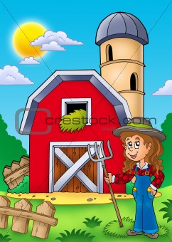 Big red barn with farmer girl