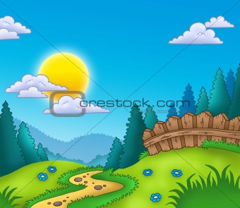 Country landscape with Sun