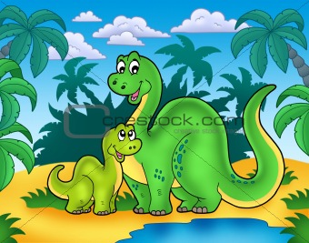 Dinosaur family in landscape